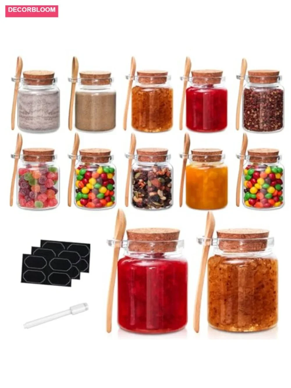 10oz Glass Storage Jars with Cork Lids & Spoons - 12 Pack for Pantry, Spices,